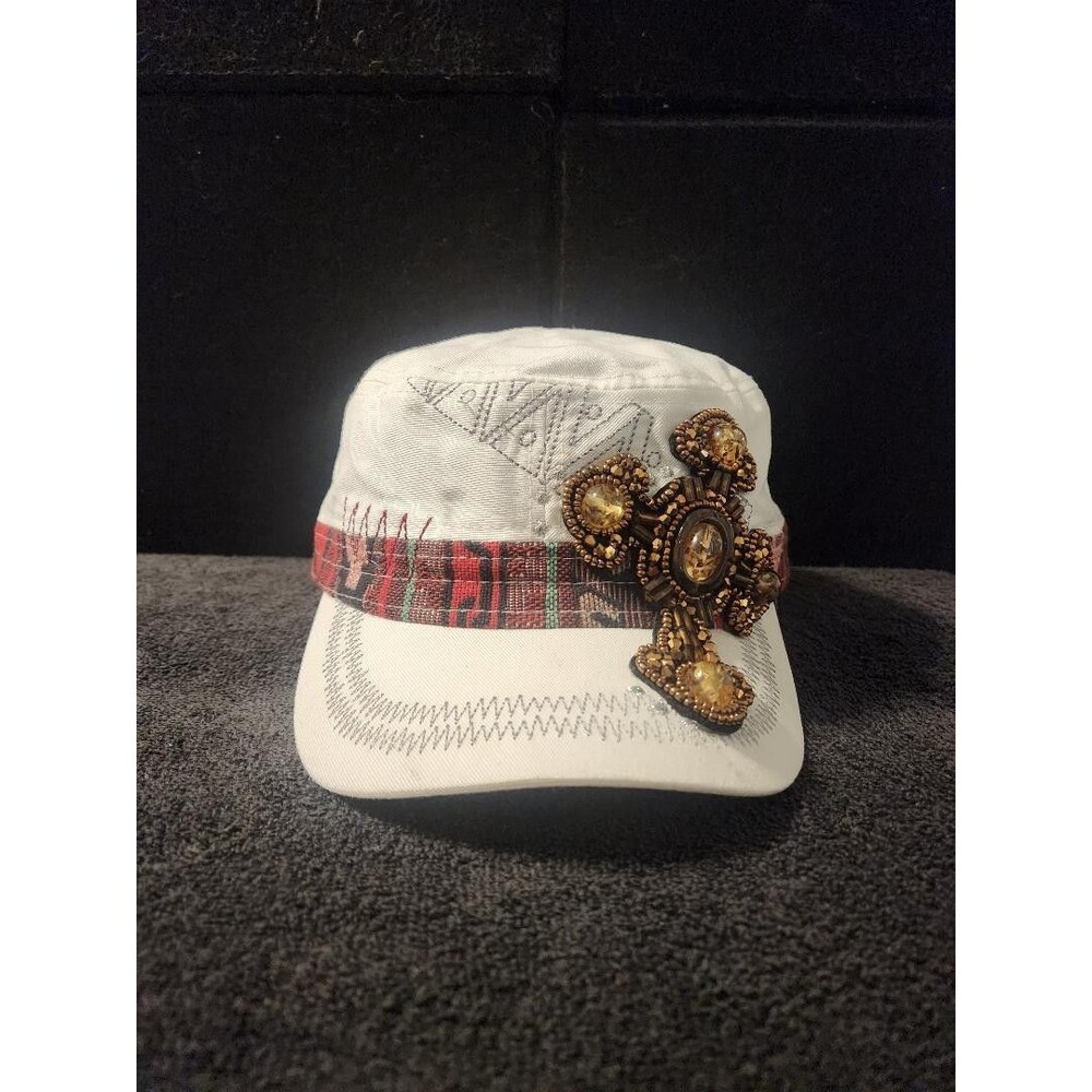 Kbethos Womens Serape Trim Bling Cross Embellishment White Cadet Cap
